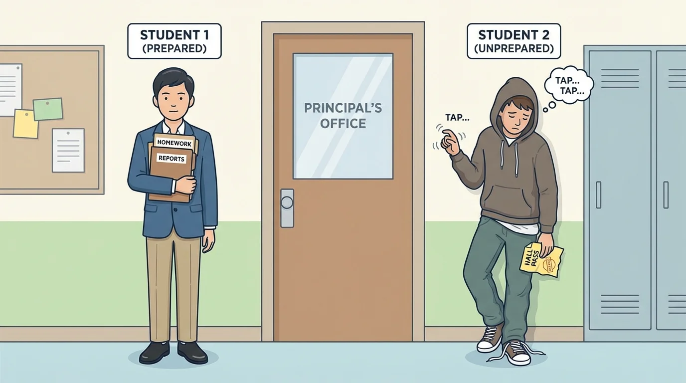Two students outside a principal's office, one standing rigid with neatly stacked folders and polished shoes, the other slouched with untied laces, tapping fingers, and a crumpled hall pass