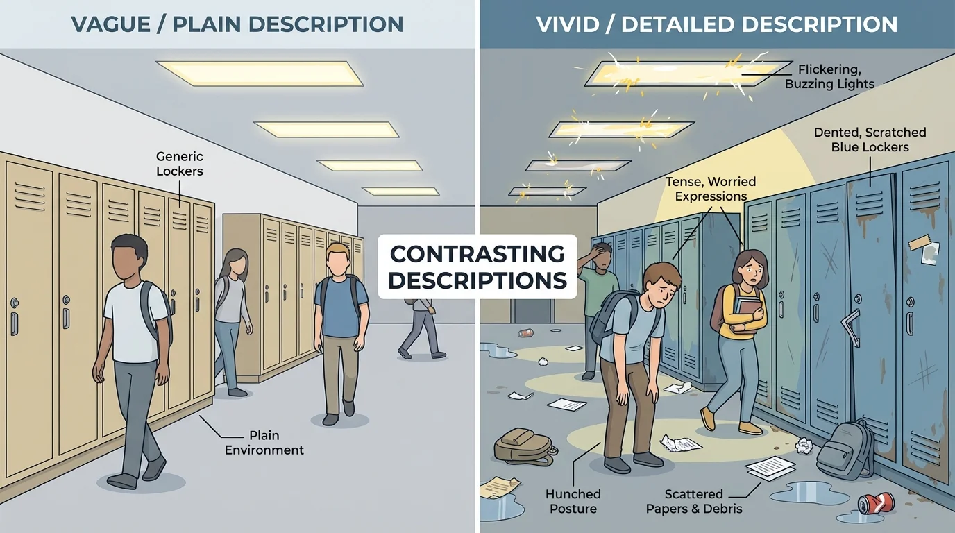 Split scene of a school hallway shown in two styles, one vague and plain, the other vividly detailed with flickering fluorescent lights, dented lockers, scattered papers, and tense student expressions