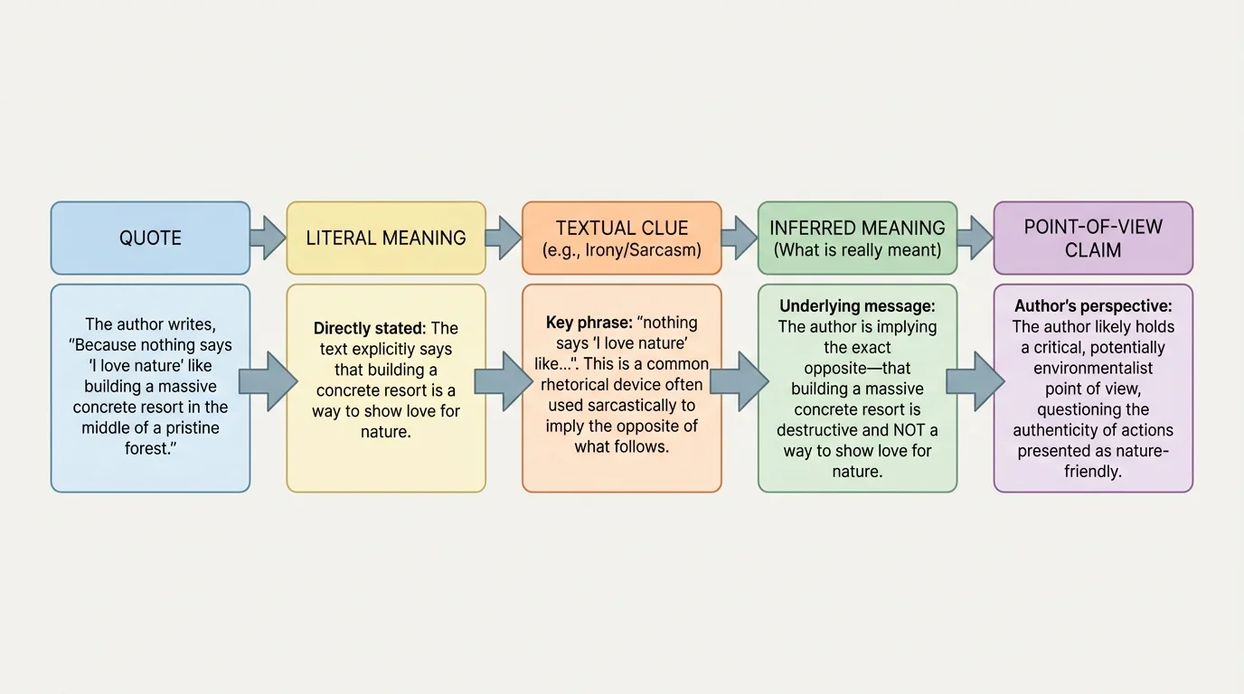 flowchart showing analysis sequence quote to literal meaning to textual clue to inferred meaning to point-of-view claim