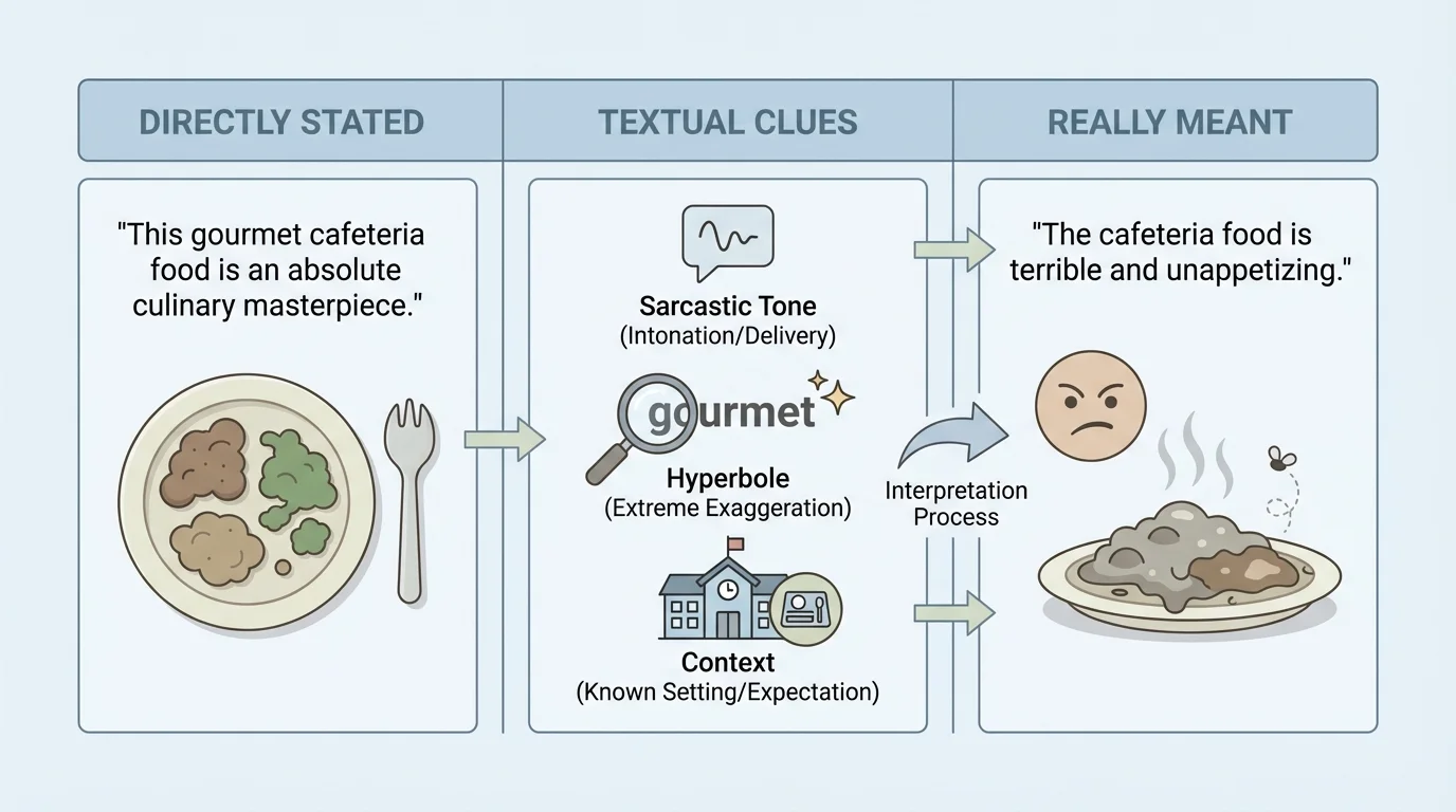 three-column chart labeled Directly Stated, Textual Clues, and Really Meant, using a sample sarcastic sentence about terrible cafeteria food interpreted through tone and context
