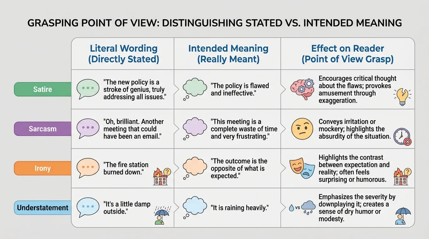 comparison chart of satire, sarcasm, irony, and understatement with columns for literal wording, intended meaning, and effect on reader
