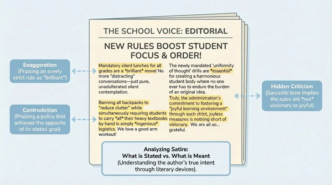 school editorial page with highlighted phrases praising absurd rules, arrows labeling exaggeration, contradiction, and hidden criticism of harsh policy