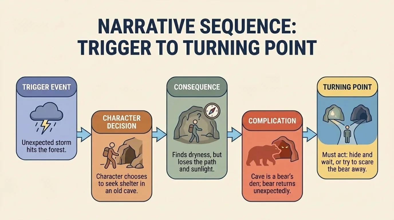 Flowchart of a narrative sequence showing trigger event, character decision, consequence, complication, and turning point