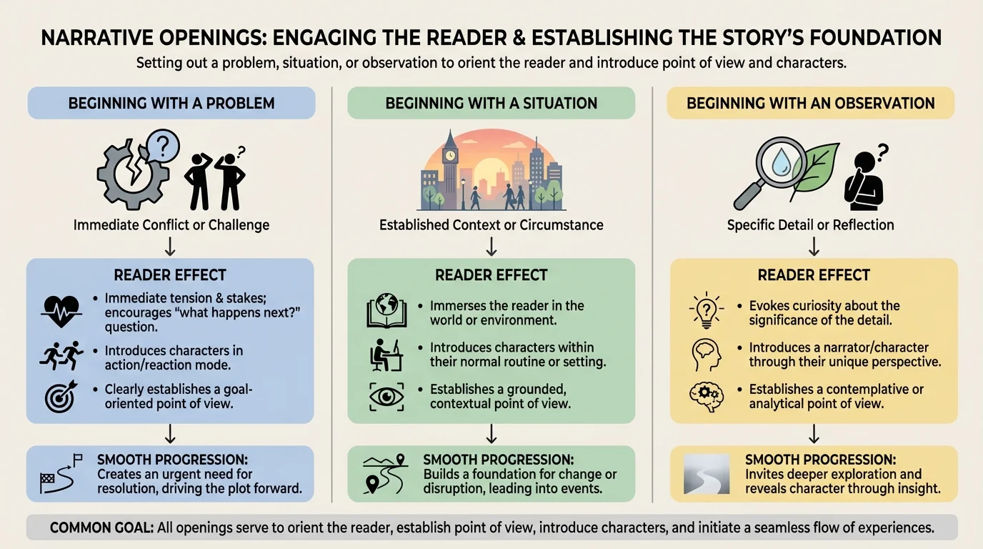 Chart comparing narrative openings that begin with a problem, a situation, and an observation, with short notes on reader effect