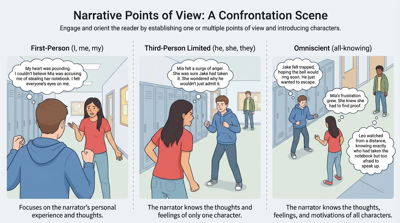 Illustration showing the same school hallway confrontation from first-person, third-person limited, and omniscient viewpoints
