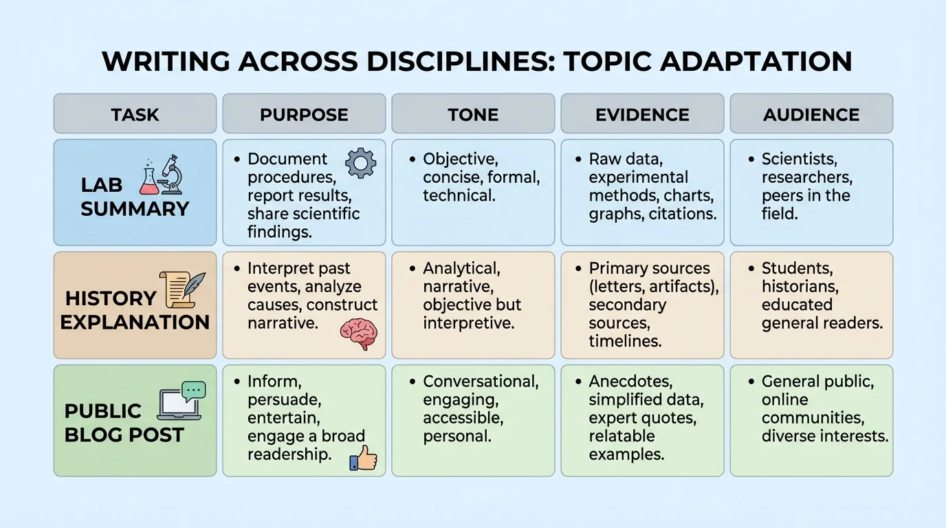 chart comparing one topic written as a lab summary, history explanation, and public blog post, with columns for purpose, tone, evidence, and audience