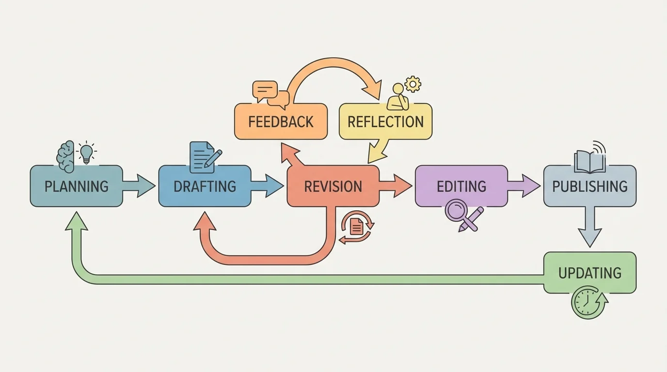 flowchart of planning, drafting, feedback, reflection, revision, editing, publishing, and updating with arrows showing recursion