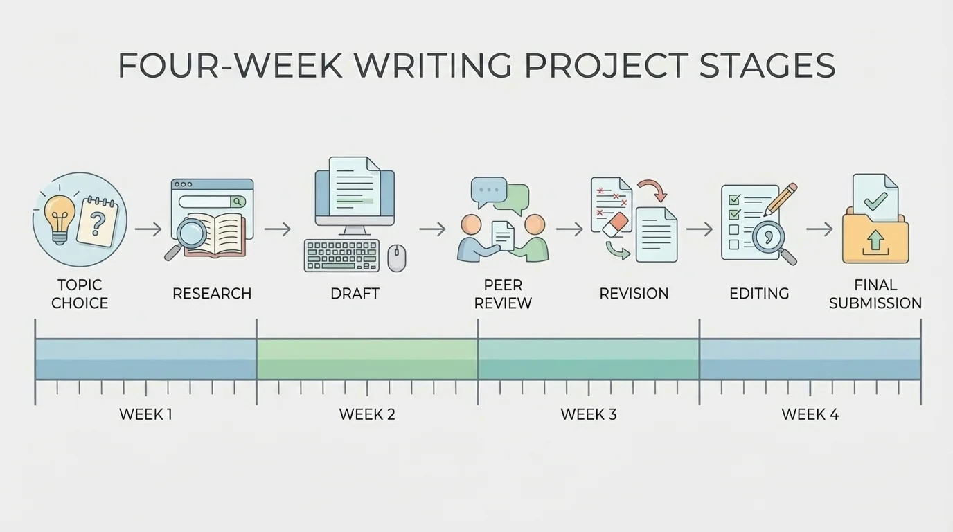 timeline showing stages of a weekslong writing project: topic choice, research, draft, peer review, revision, editing, and final submission