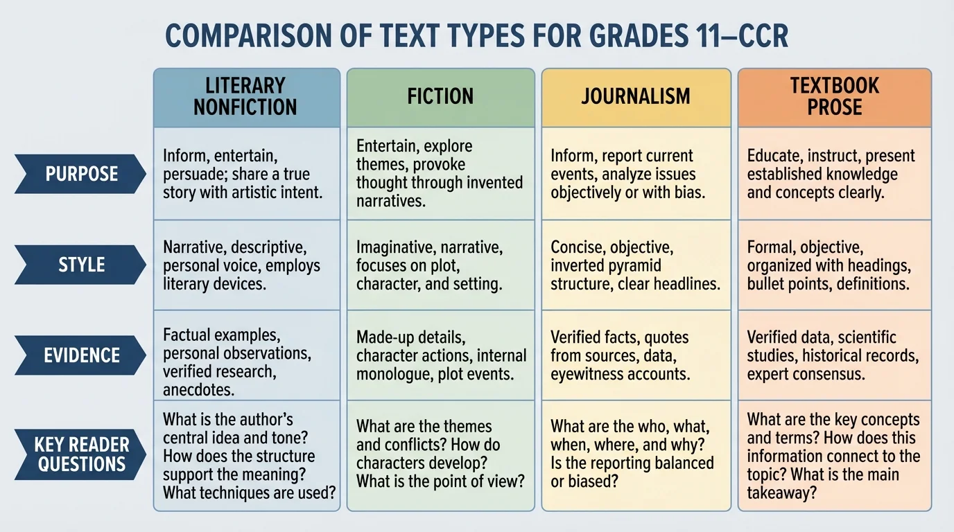 Four-column comparison chart for literary nonfiction, fiction, journalism, and textbook prose showing purpose, style, evidence, and key reader questions