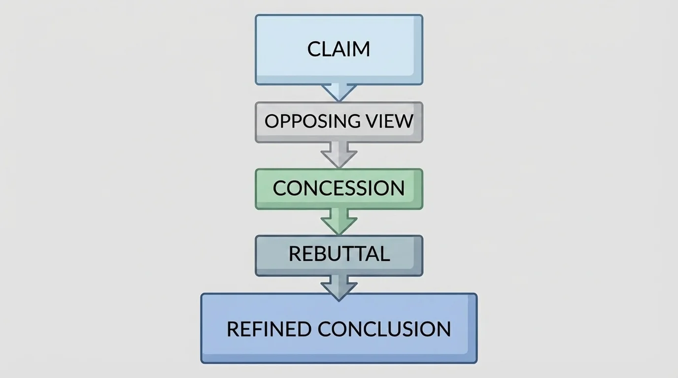 flowchart with boxes labeled claim, opposing view, concession, rebuttal, and refined conclusion connected by arrows