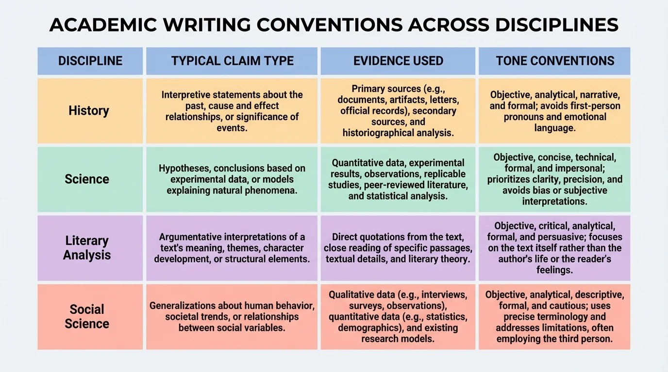 comparison chart for history, science, literary analysis, and social science showing typical claim type, evidence used, and tone conventions