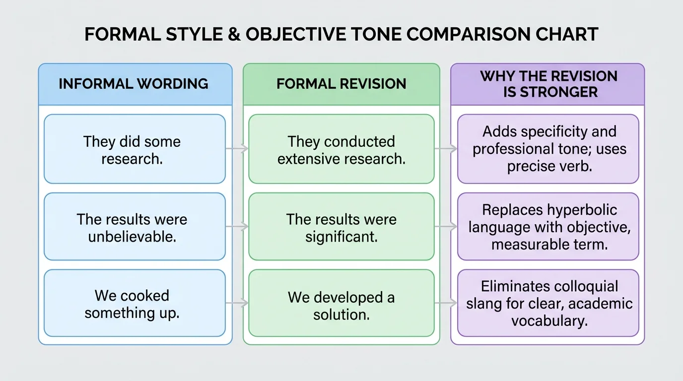 comparison chart with three columns labeled informal wording, formal revision, and why the revision is stronger; examples include slang, exaggeration, and vague wording turned into precise academic phrasing