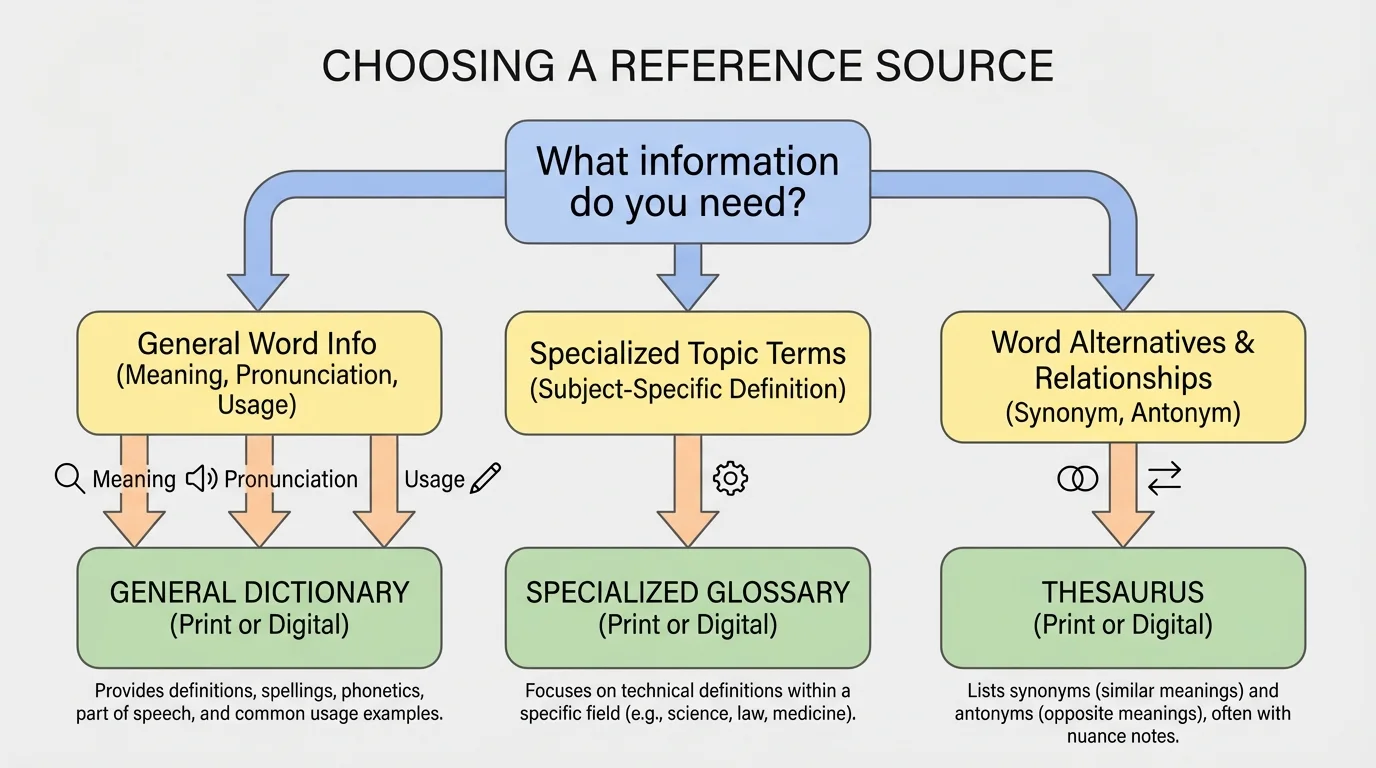 Flowchart for choosing a reference source based on whether the reader needs meaning, pronunciation, subject-specific definition, synonym, or usage guidance