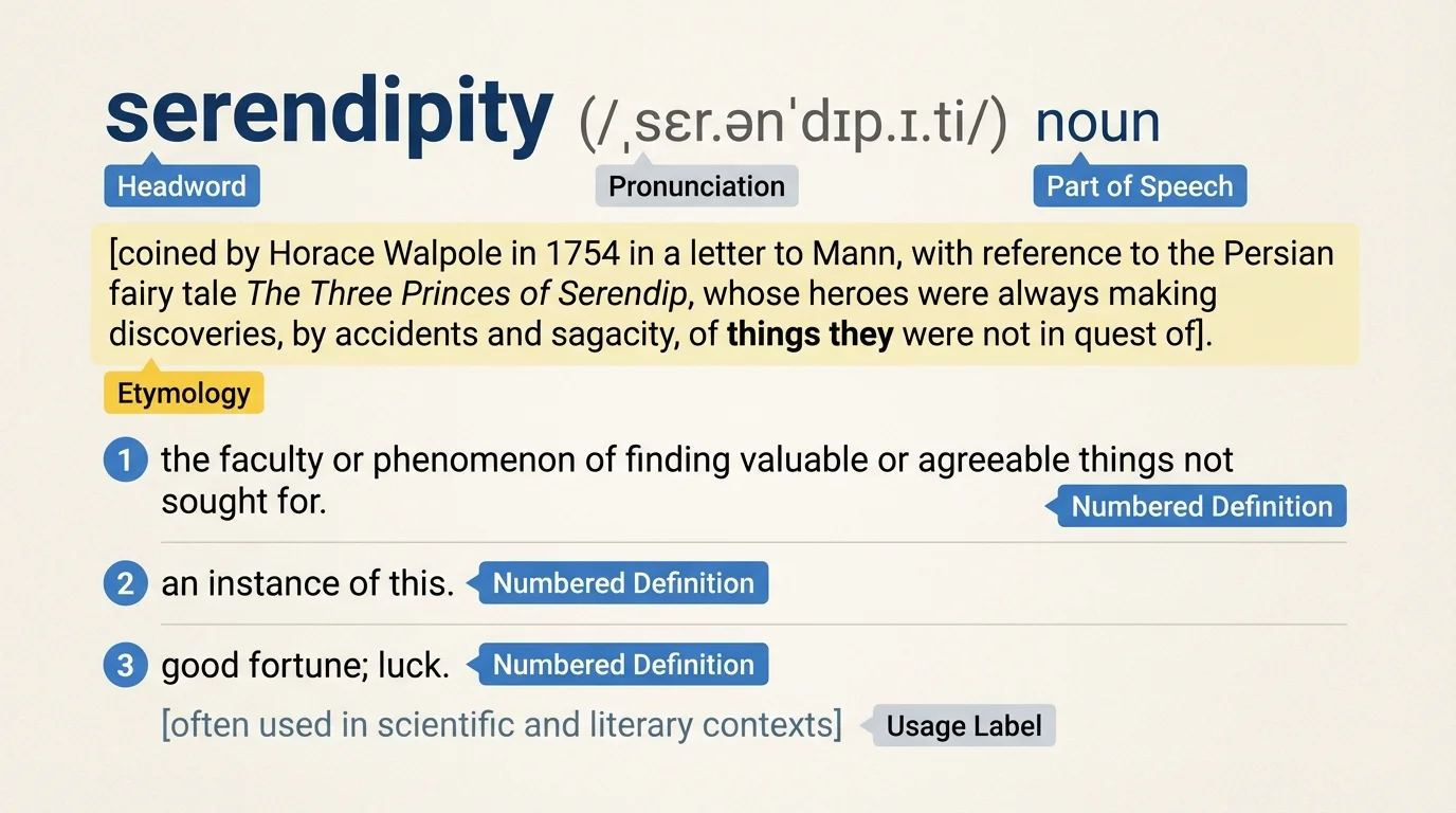 Labeled sample dictionary entry showing headword, pronunciation, part of speech, numbered definitions, etymology, and usage labels