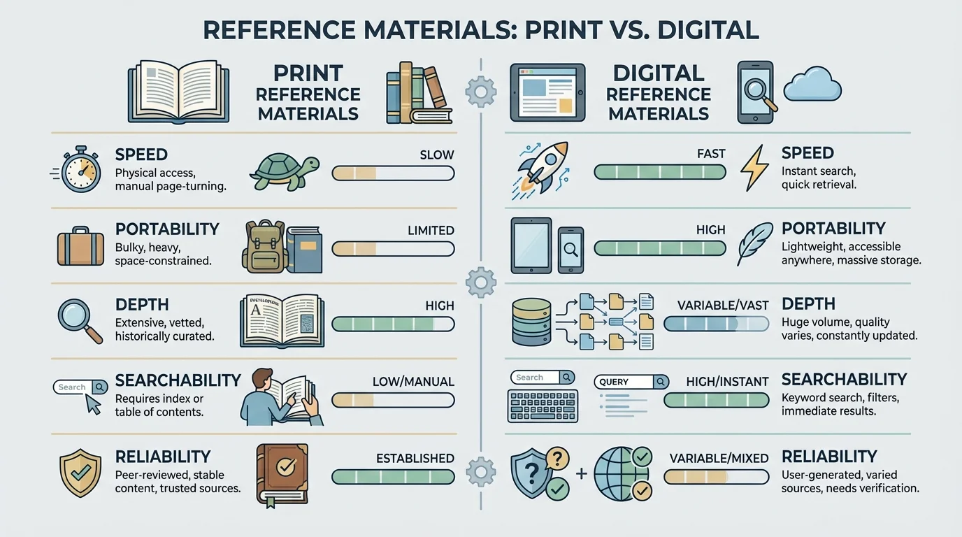 Comparison chart contrasting print and digital reference materials by speed, portability, depth, searchability, and reliability