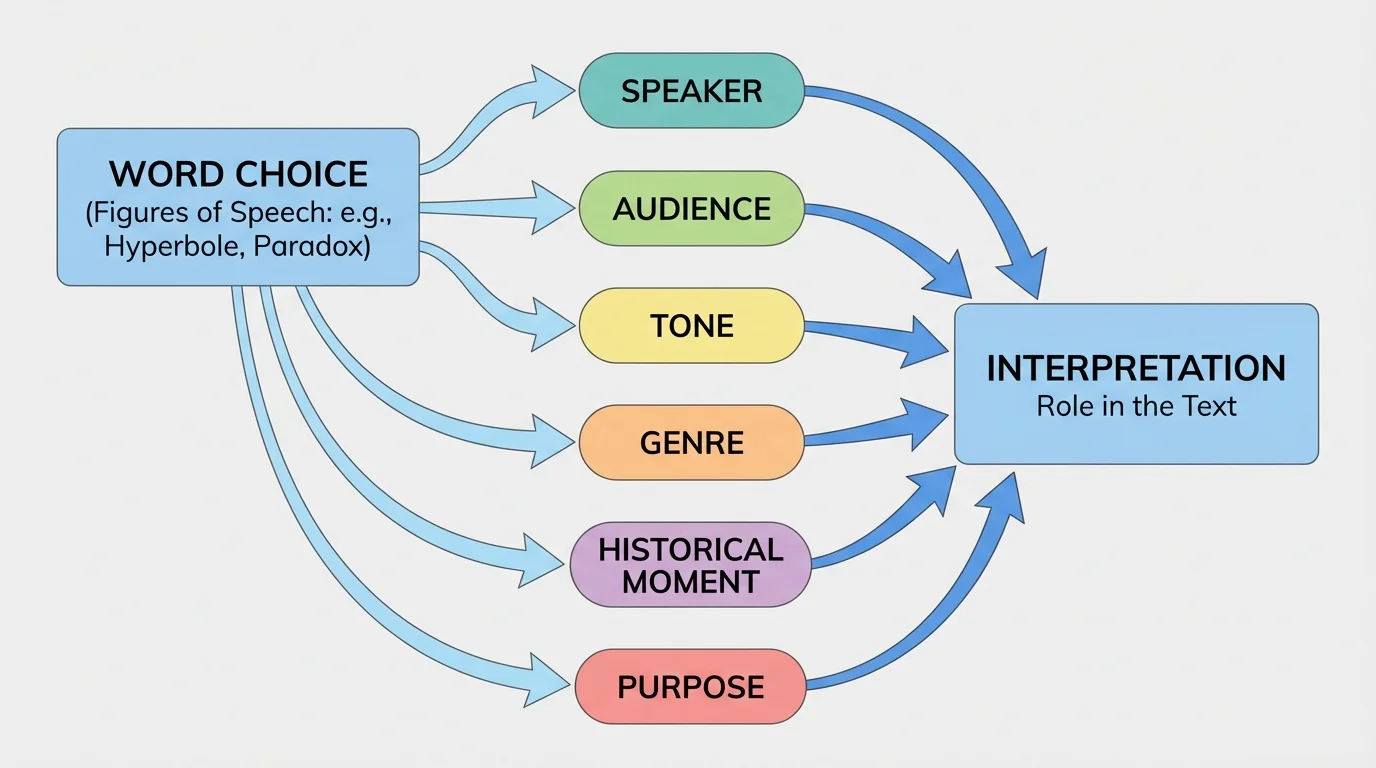 Flowchart showing word choice branching to speaker, audience, tone, genre, historical moment, and purpose, all leading to interpretation
