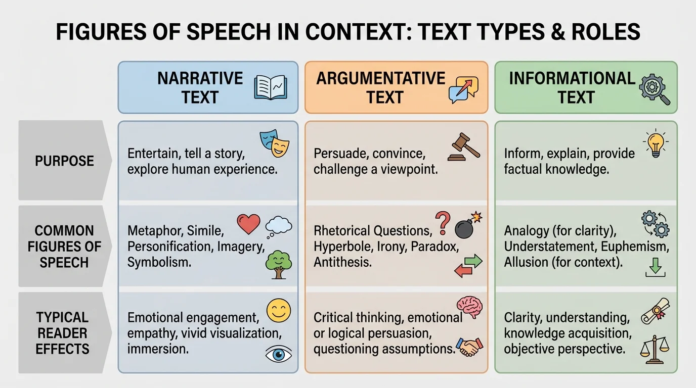 Three-column chart comparing narrative, argumentative, and informational texts, with rows for purpose, common figures of speech, and typical reader effects