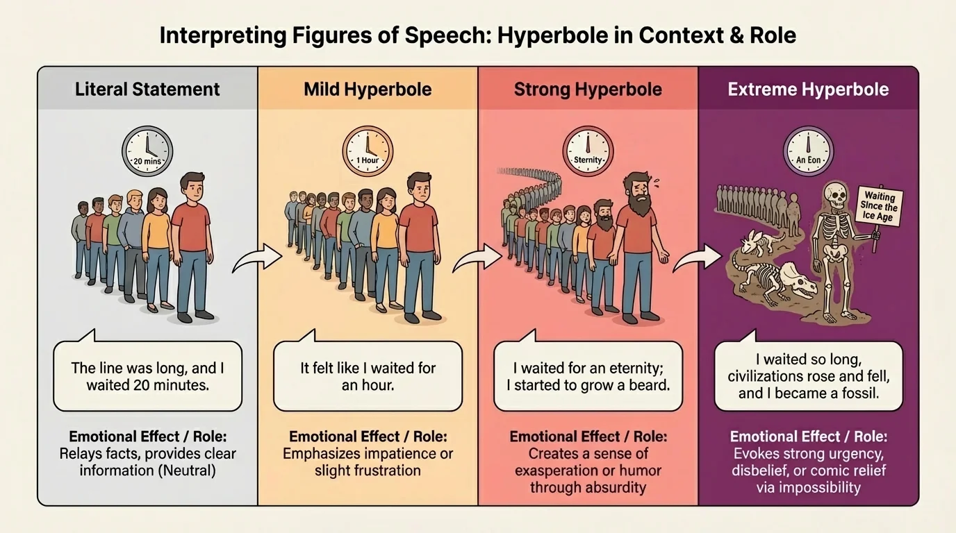 Comparison chart showing a literal statement beside increasingly exaggerated hyperbolic versions and short labels for emotional effects such as humor, frustration, and urgency