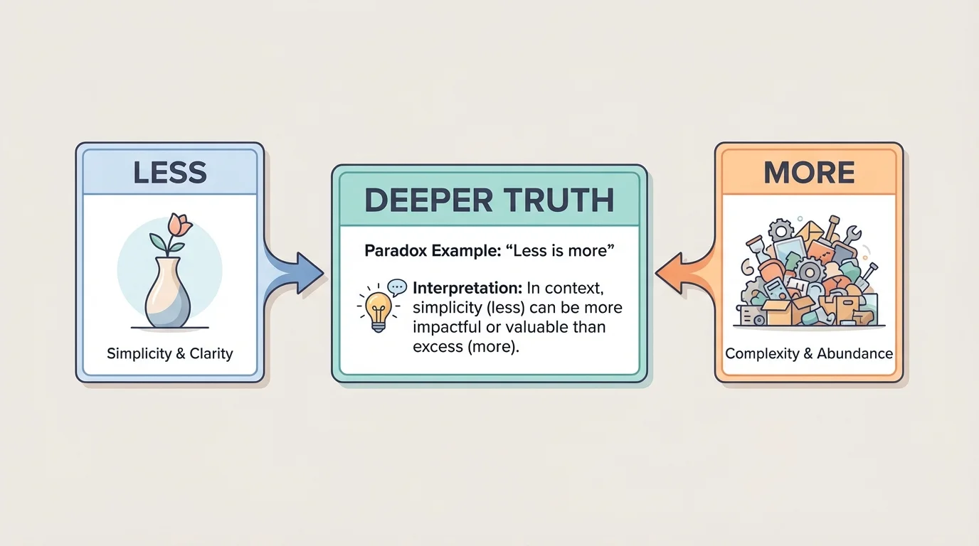 Two opposing idea boxes such as 'less' and 'more' connected toward a center box labeled 'deeper truth,' using the example 'less is more'