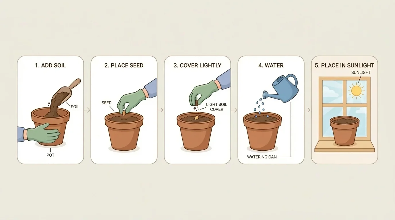Step-by-step flowchart for planting a seed: add soil, place seed, cover lightly, water, place in sunlight
