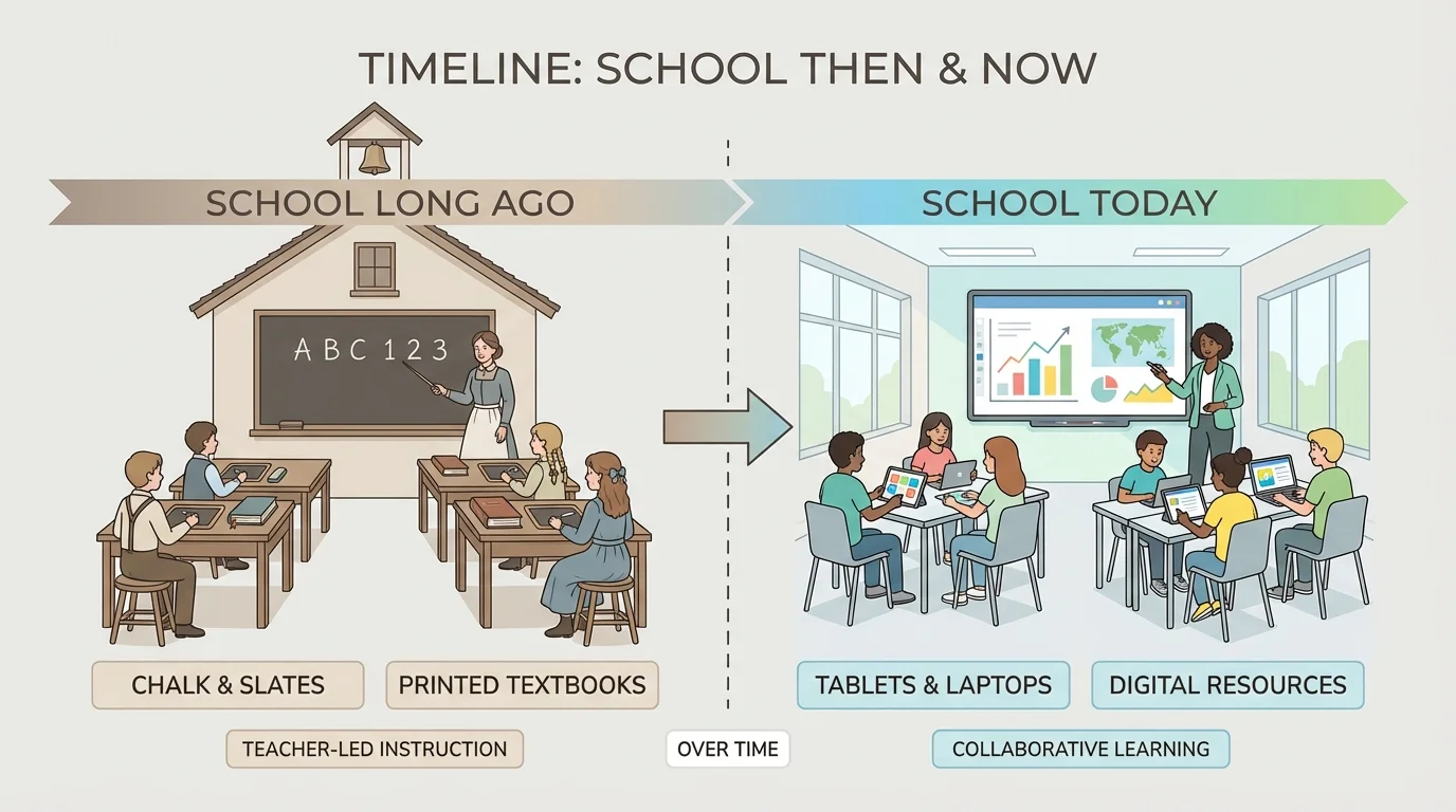 Simple two-part timeline comparing school long ago and school today with short labels