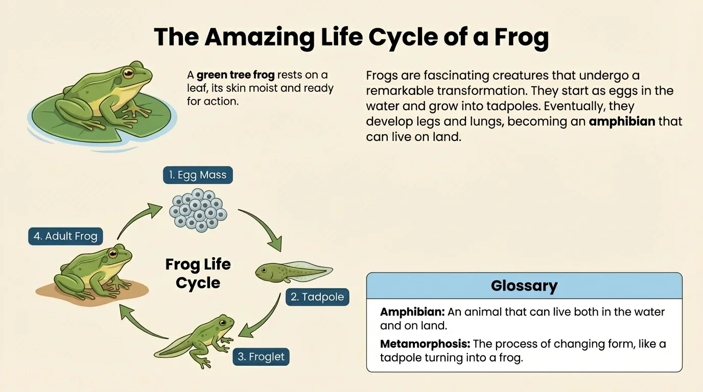 Labeled nonfiction page with heading, photo caption, bold word, diagram label, and glossary box