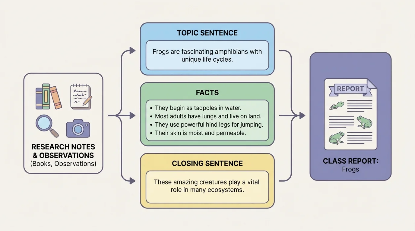 flowchart showing notes sorted into 'topic sentence,' 'facts,' and 'closing sentence' for a class report about frogs