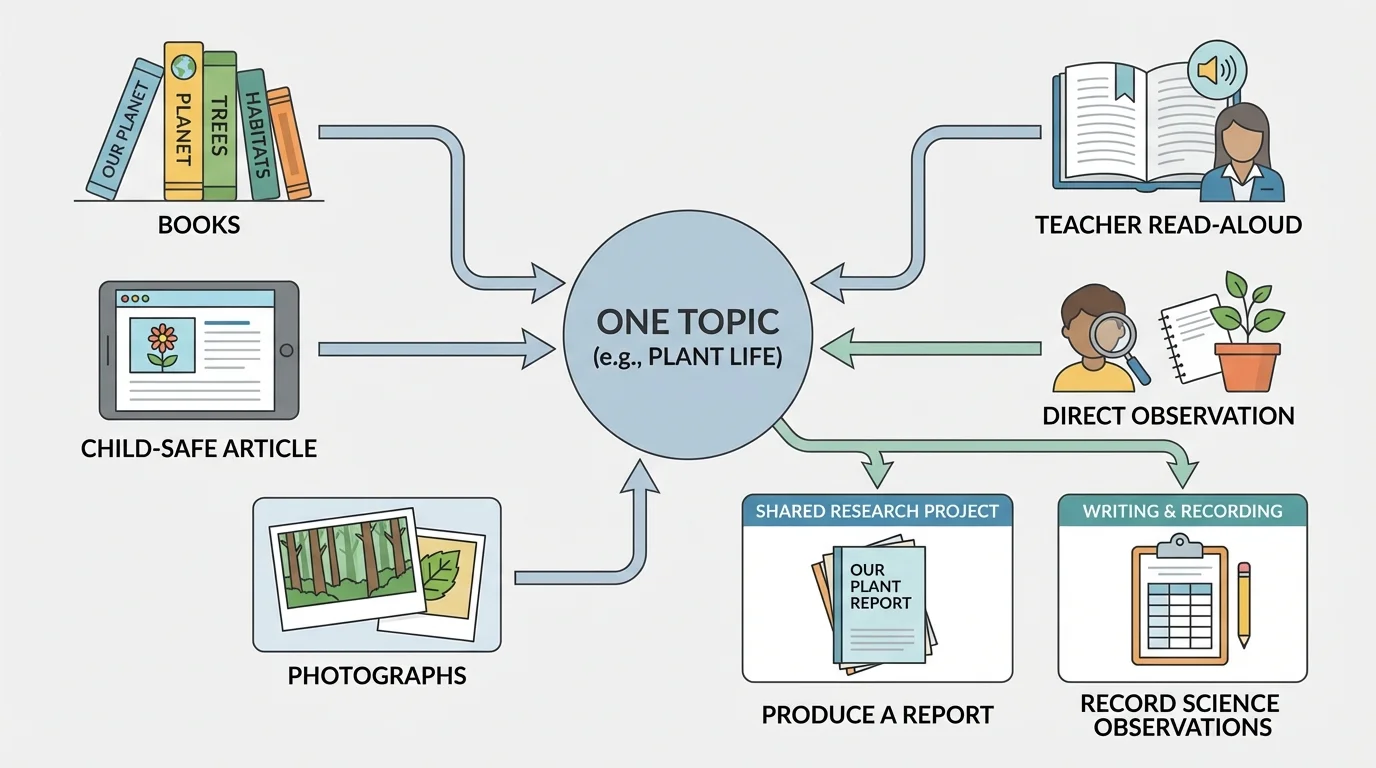 chart showing books, photographs, a teacher read-aloud, a child-safe article, and direct observation all connected to one topic