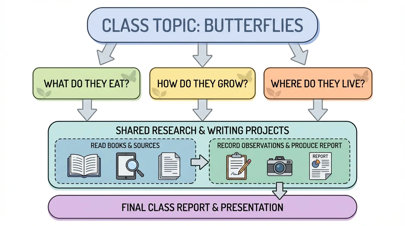 flowchart showing a class topic 'Butterflies' leading to questions like 'What do they eat?' 'How do they grow?' and 'Where do they live?'