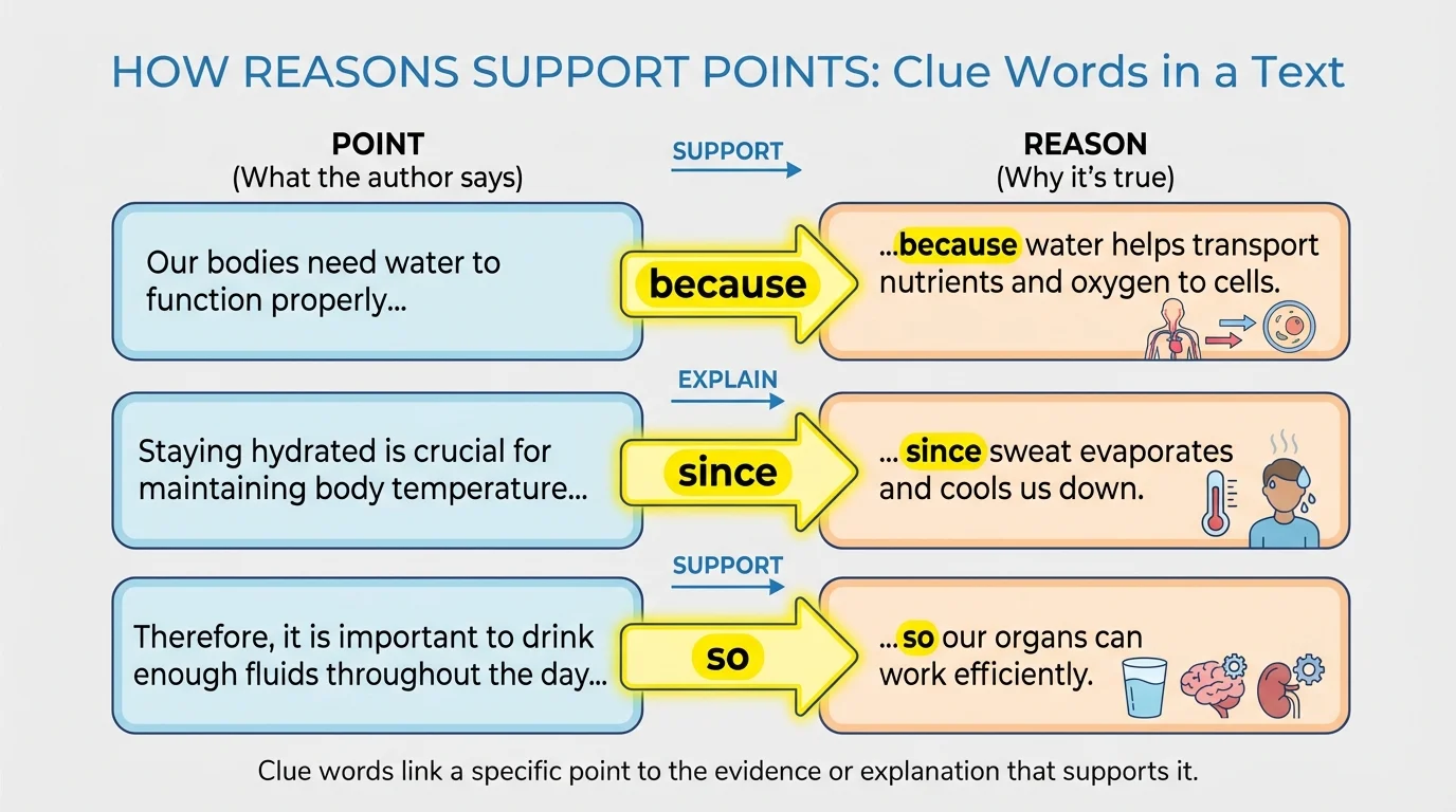 diagram of a short informational paragraph about drinking water with clue words because, since, and so highlighted