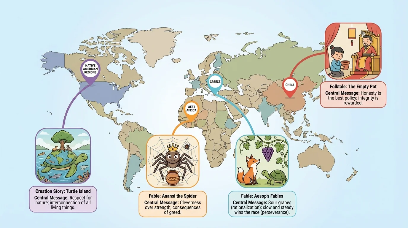 Simple world map with markers for West Africa, Greece, China, and Native American regions connected to story icons