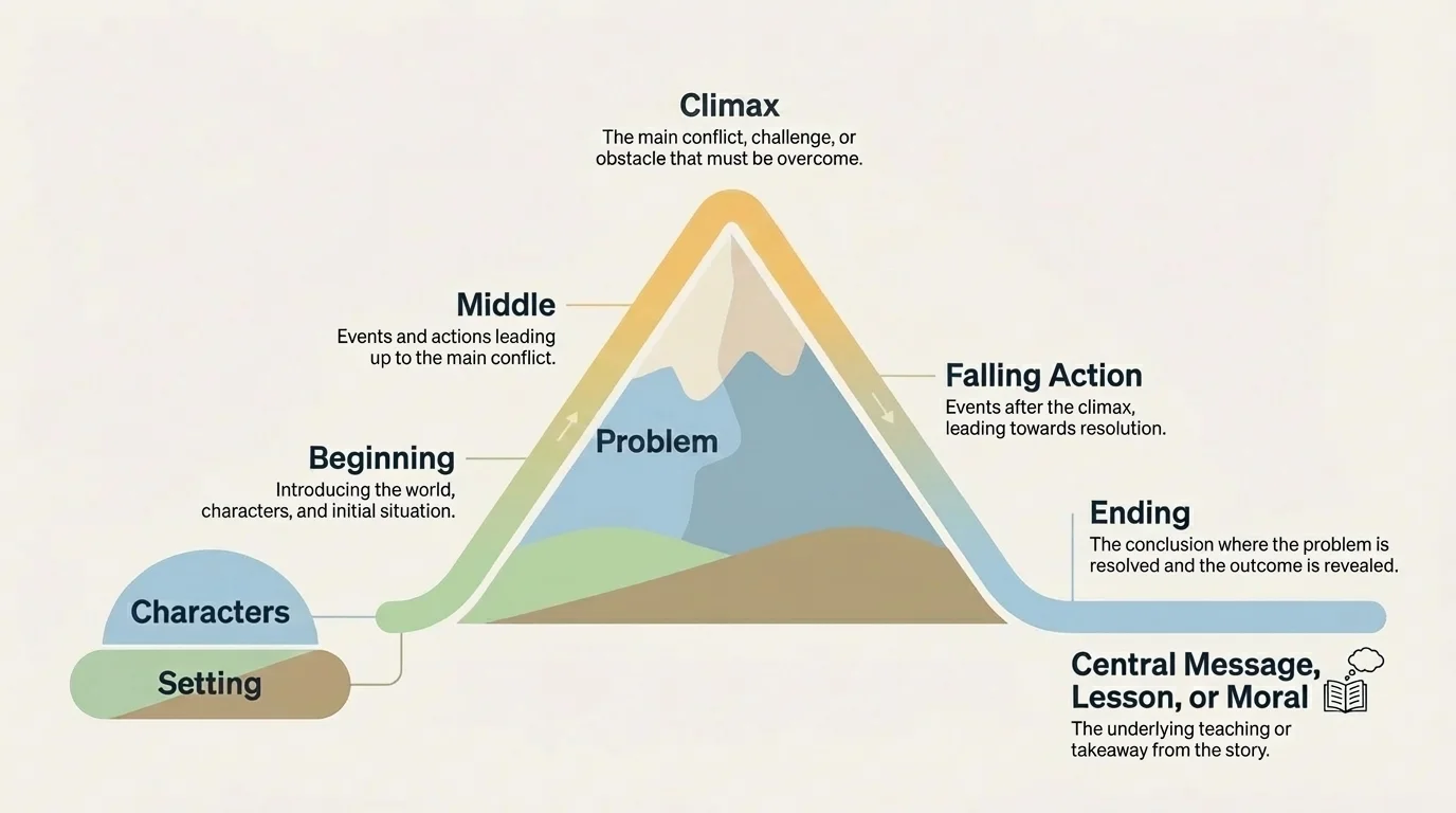 Simple story mountain with labels characters, setting, beginning, middle, end, problem, and ending