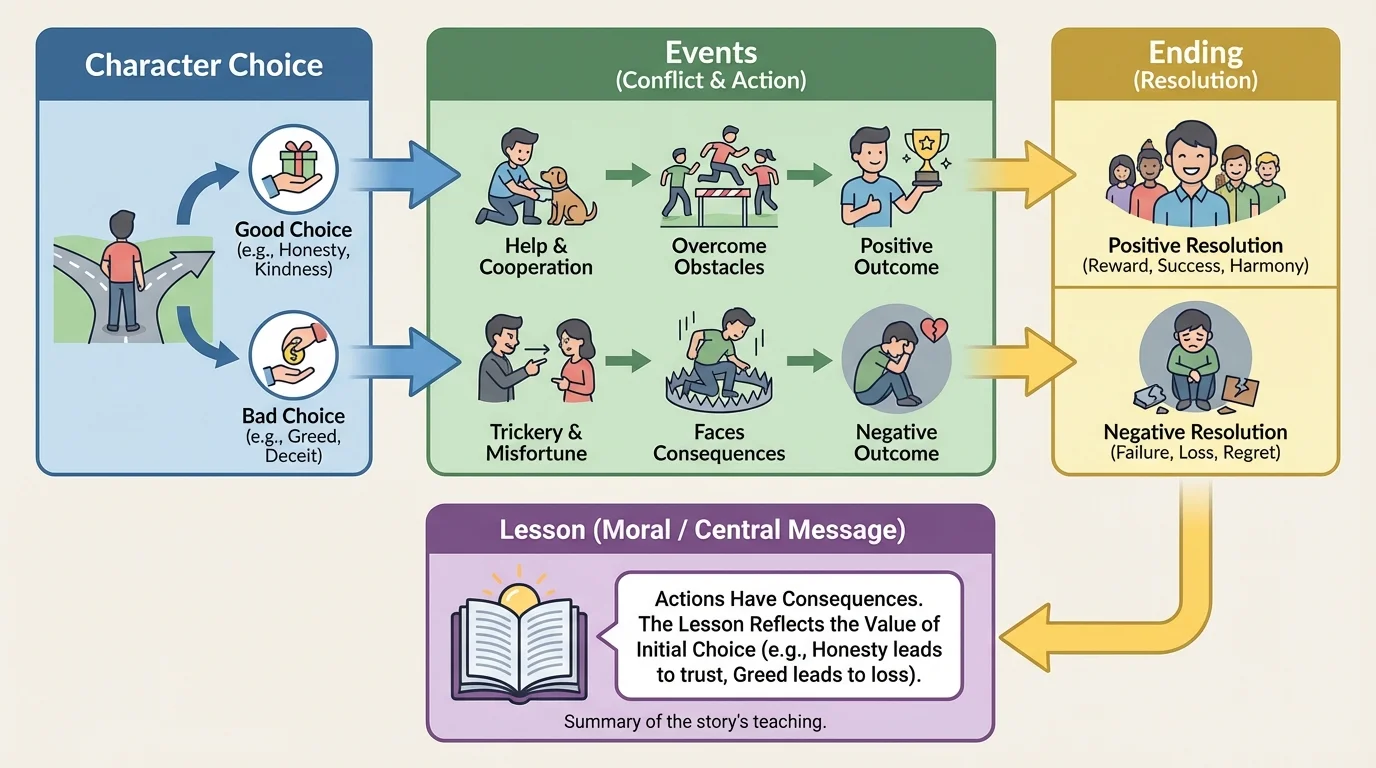 Flowchart showing character choice leading to events, ending, and lesson learned