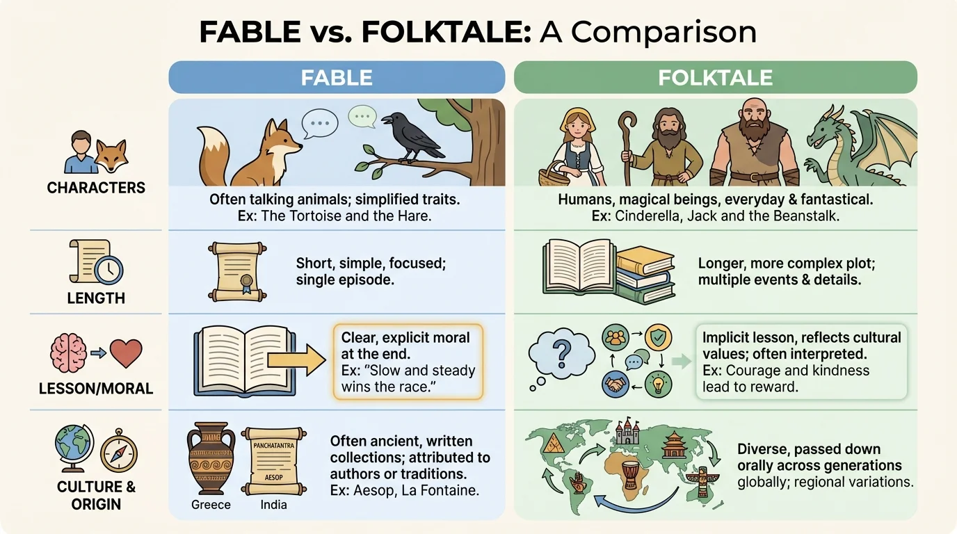 Two-column comparison chart showing fable and folktale with rows for characters, length, lesson, and culture