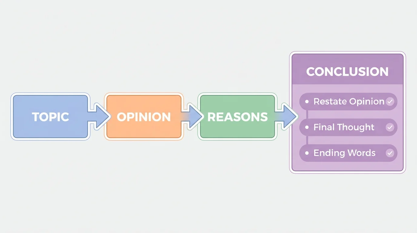 opinion writing structure with boxes labeled topic, opinion, reasons, and conclusion; conclusion box highlights restate opinion, final thought, and ending words