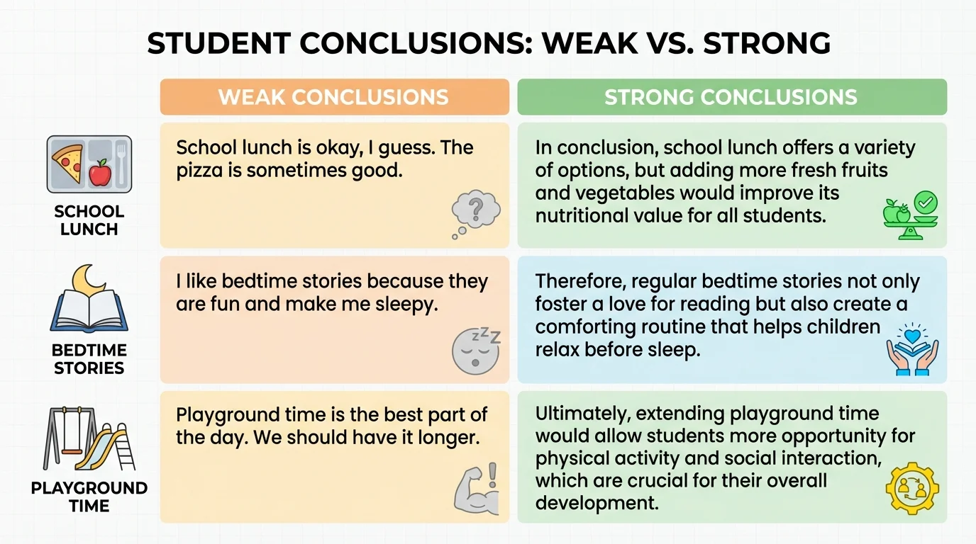 side-by-side chart of weak and strong student conclusions for topics like school lunch, bedtime stories, and playground time