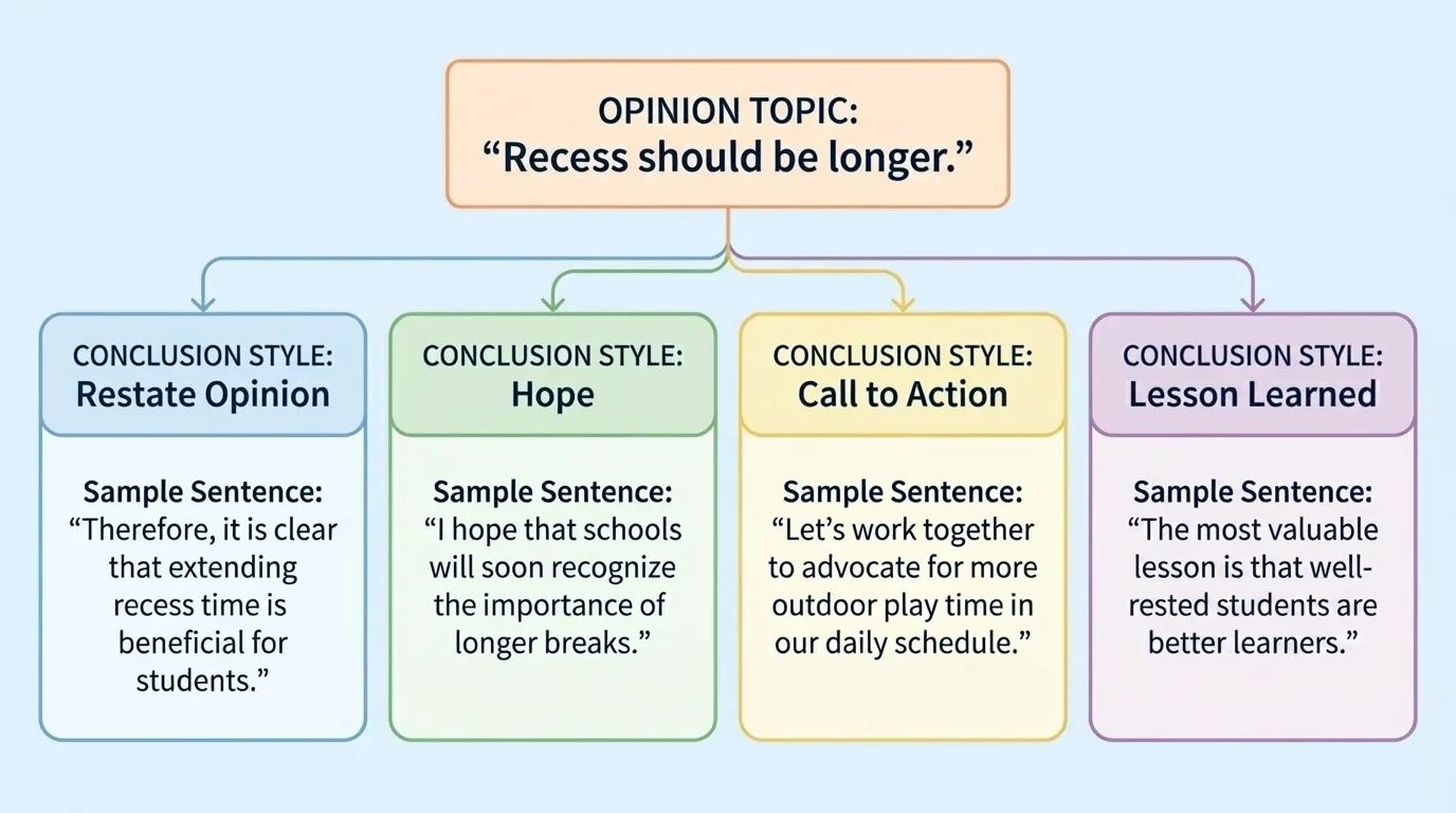 one opinion topic, such as 'Recess should be longer,' with four conclusion styles labeled restate opinion, hope, call to action, and lesson learned, each with a short sample sentence