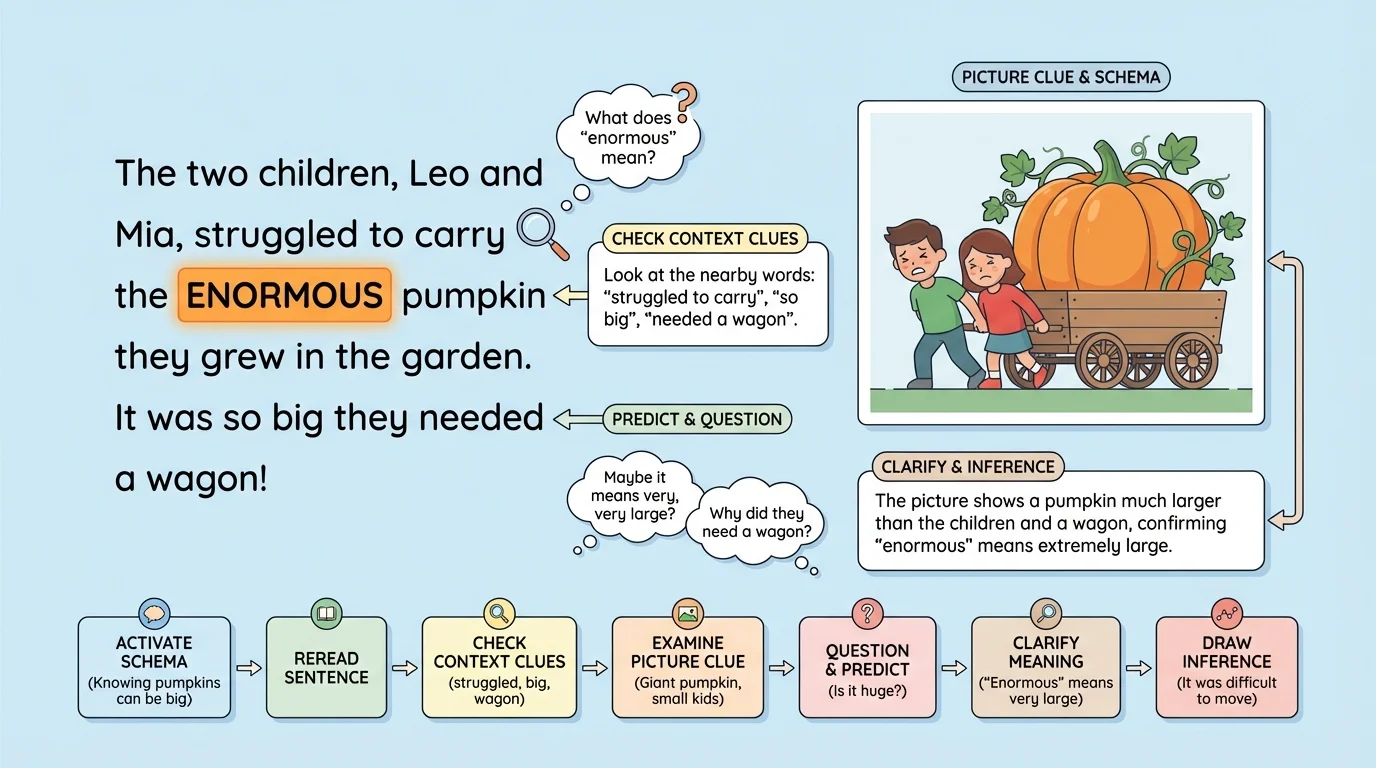 Story page with the word "enormous" highlighted, nearby sentence about two children carrying a giant pumpkin, and a picture clue showing the pumpkin