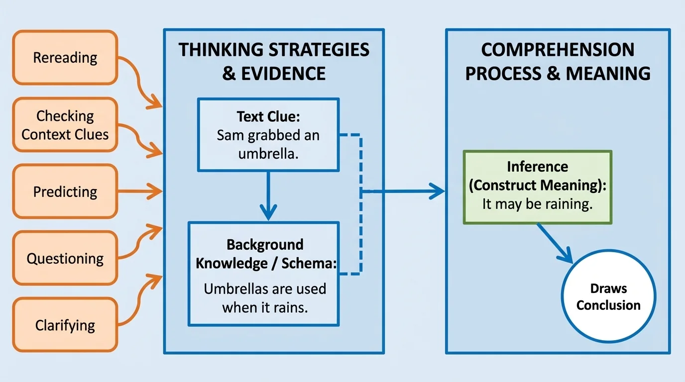 Two-column thinking diagram showing text clue 'Sam grabbed an umbrella' plus background knowledge 'umbrellas are used when it rains' leading to inference 'it may be raining'