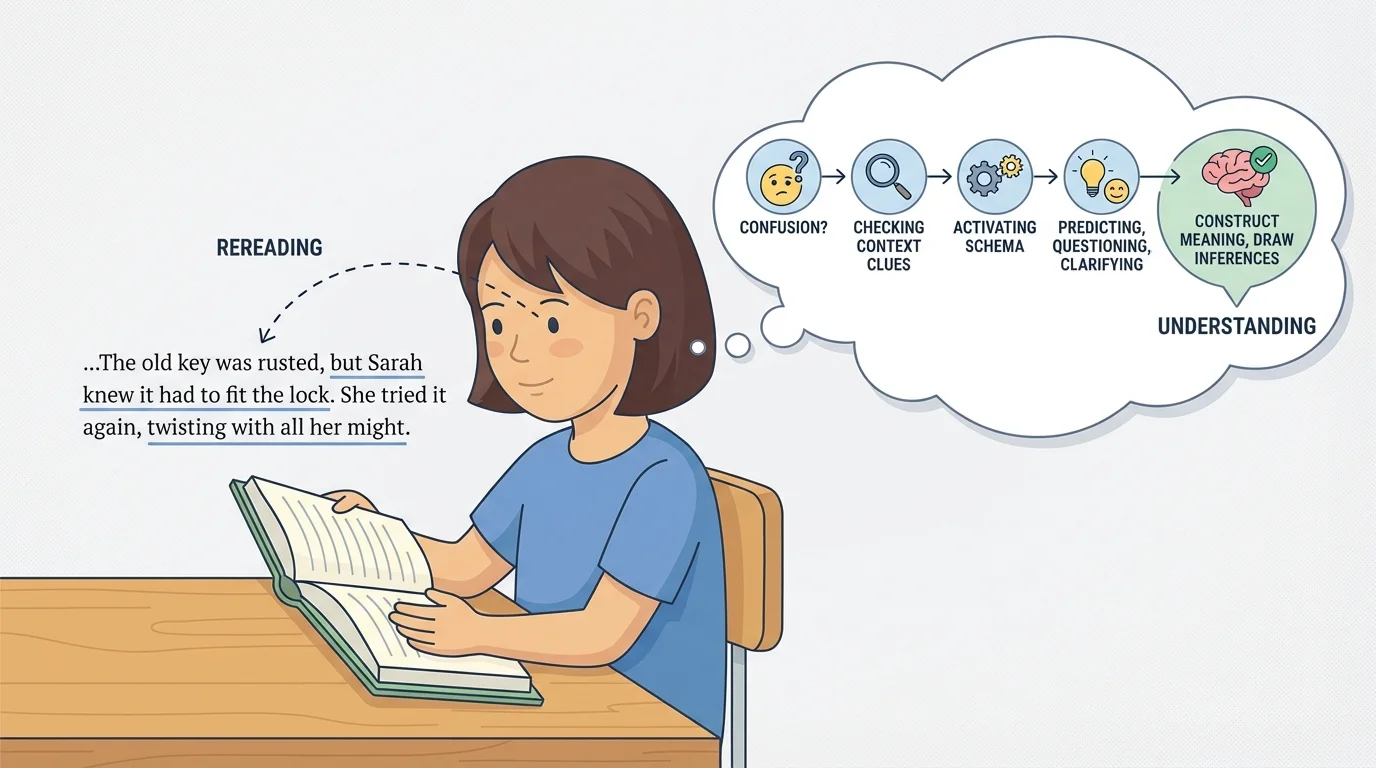 Child rereading a short story page with arrows showing eyes going back to an earlier sentence and a thinking bubble changing from confusion to understanding