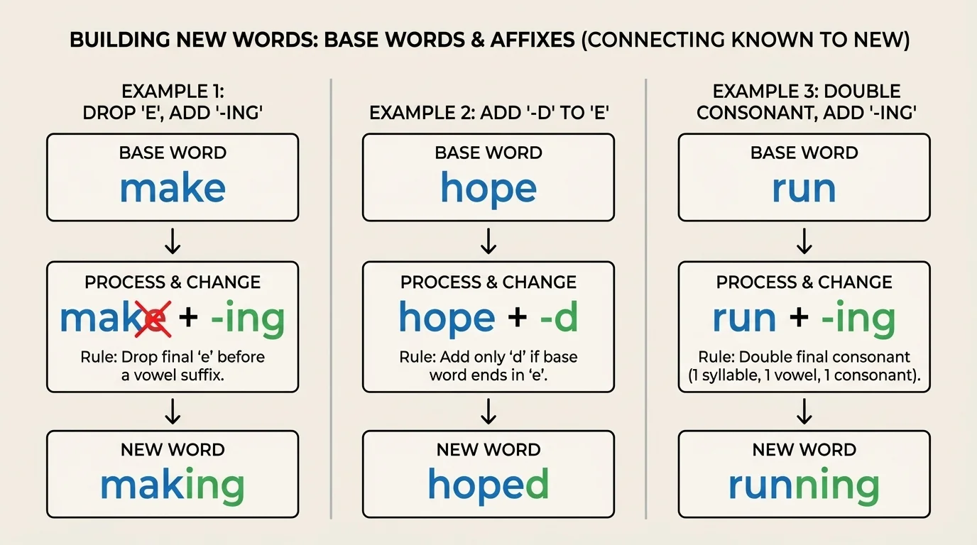 Step-by-step word examples for make to making, hope to hoped, and run to running with changed letters marked
