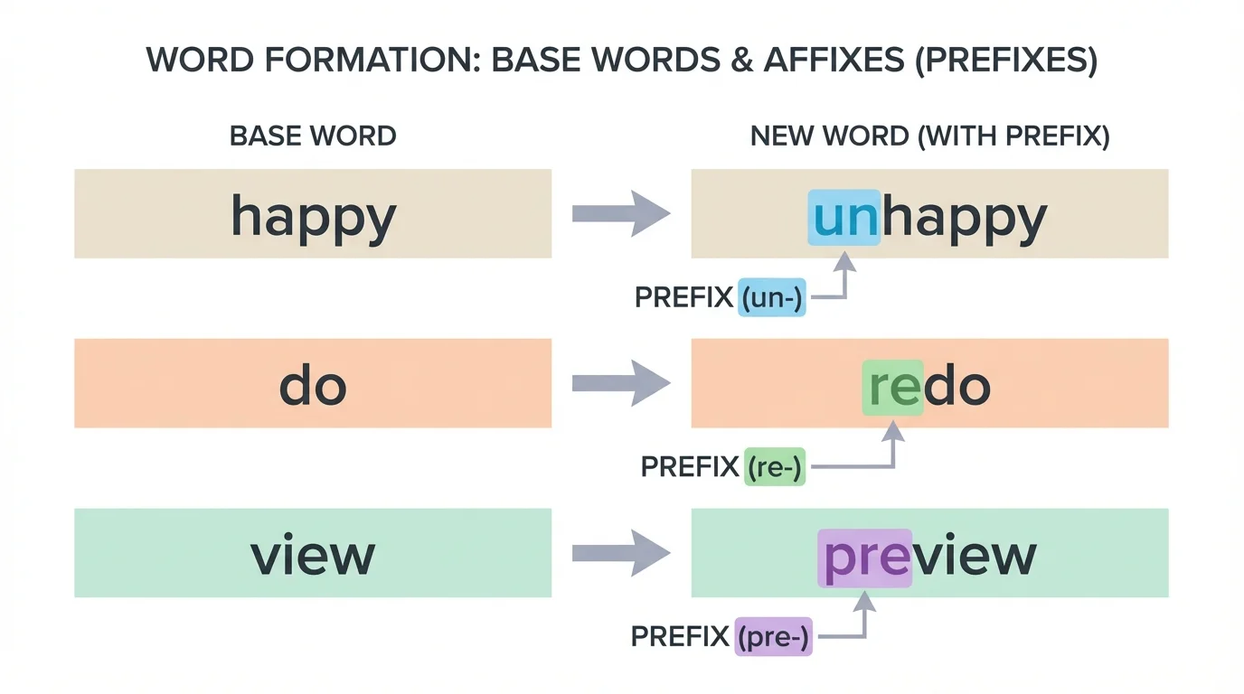 Simple word strip chart showing happy to unhappy, do to redo, and view to preview with beginning parts highlighted