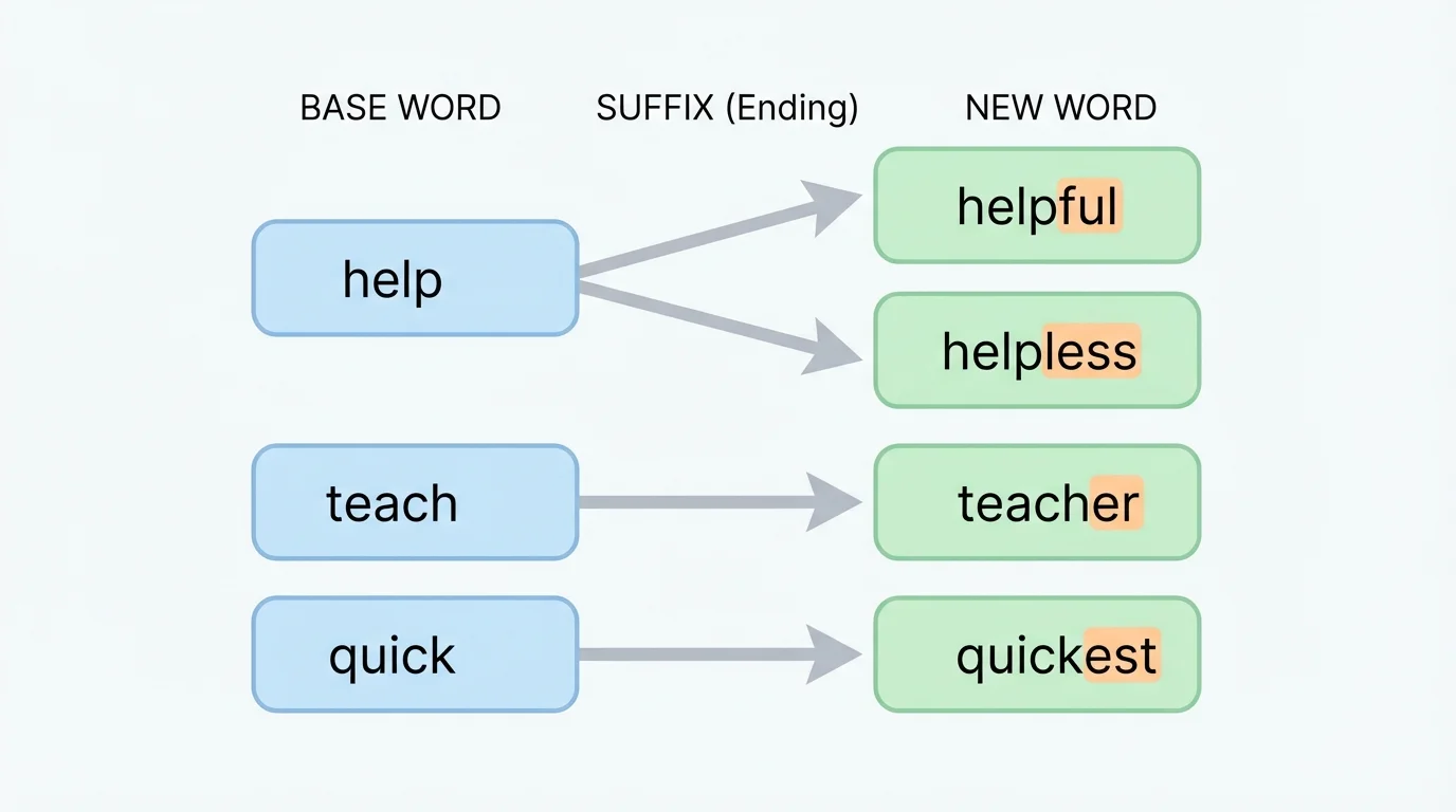 Word chart showing help to helpful and helpless, teach to teacher, and quick to quickest with endings highlighted