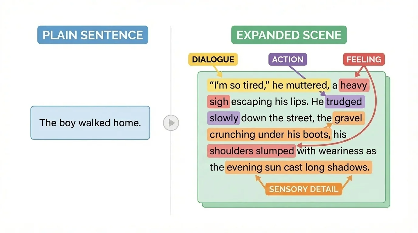 Side-by-side comparison of a plain sentence and an expanded scene with labels for dialogue, action, feeling, and sensory detail