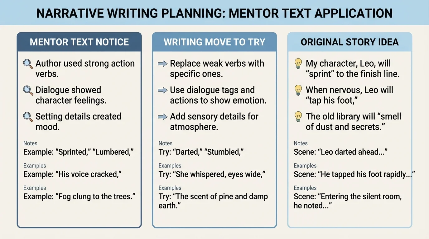 Simple planning page with three columns labeled mentor text notice, writing move to try, and original story idea filled with short student-friendly notes