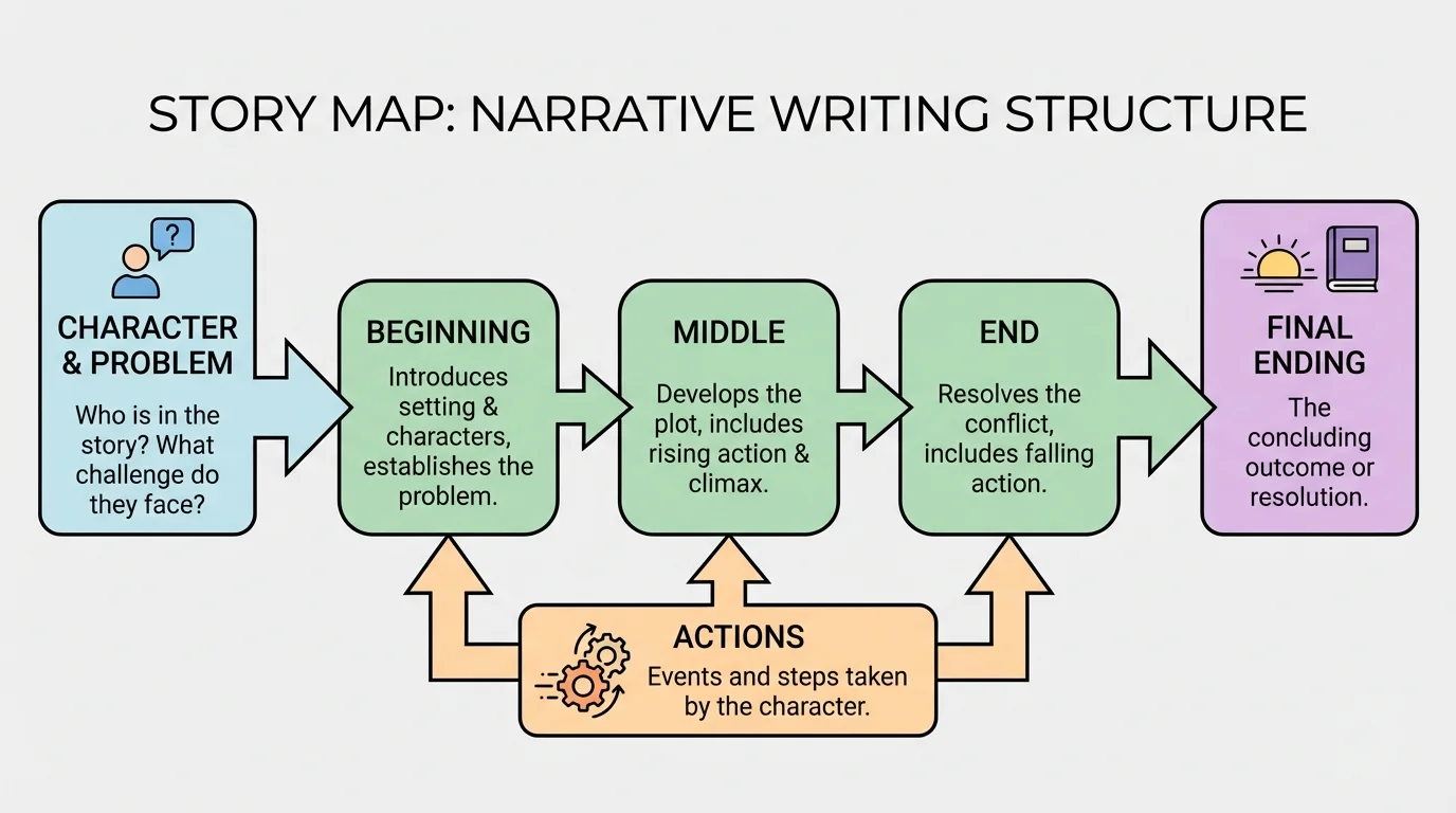 Story map with boxes labeled beginning, middle, end and arrows showing sequence from a character, a problem, actions, and a final ending