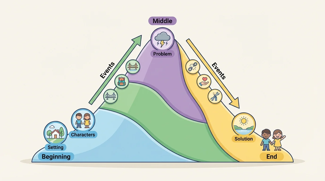 story mountain showing beginning with setting and characters, middle with problem and events, and end with solution
