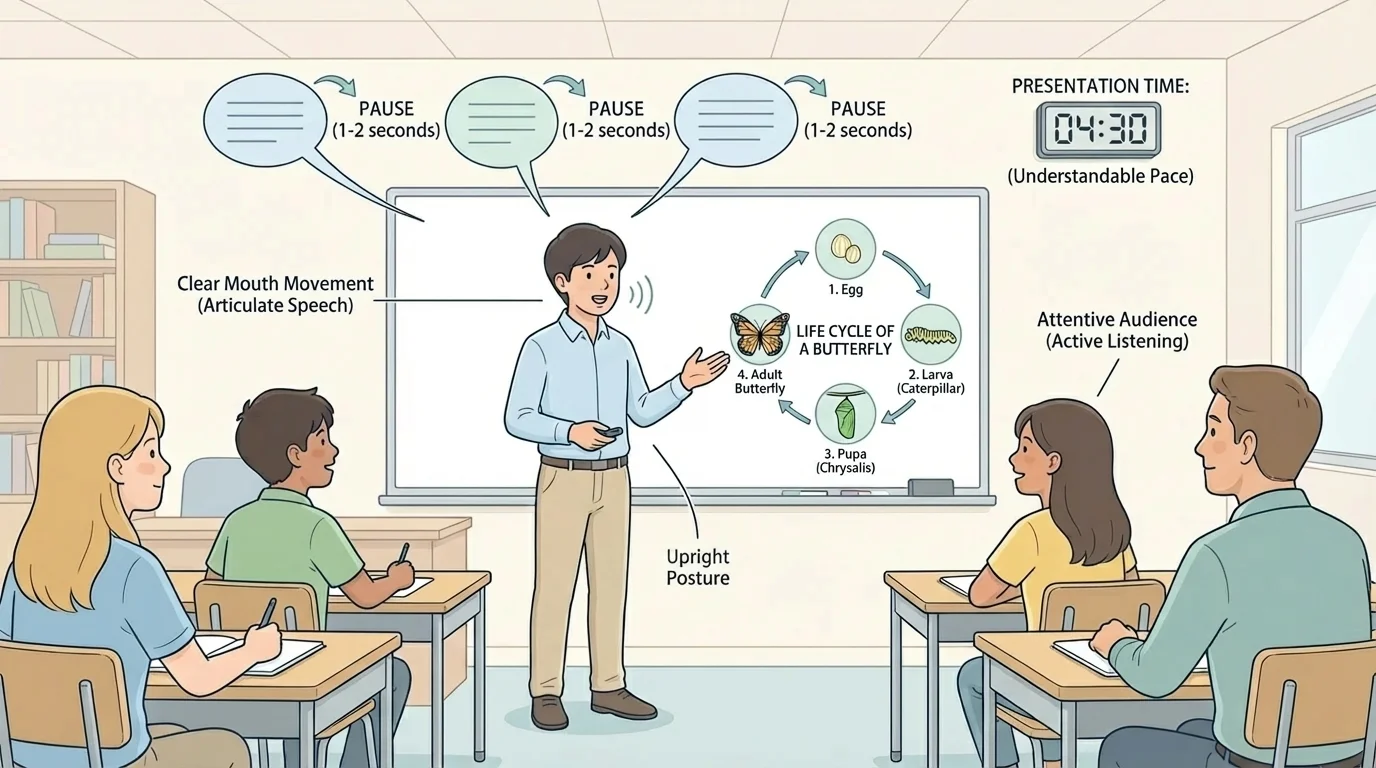student giving a presentation with upright posture, visible pauses between speech bubbles, clear mouth movement, and attentive audience listening