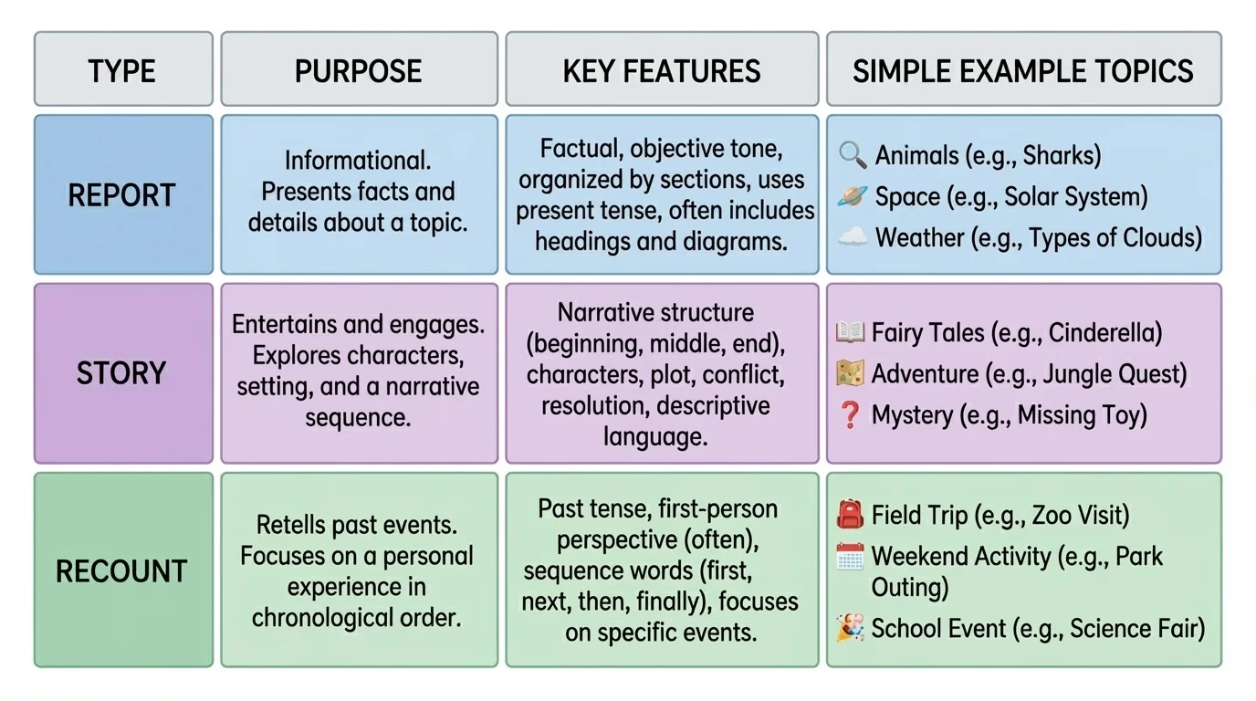 chart comparing report, story, and recount with purpose, key features, and simple example topics