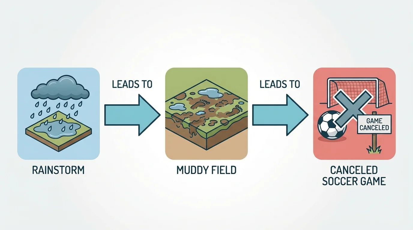 diagram showing rainstorm leads to muddy field leads to canceled soccer game with arrows between the events